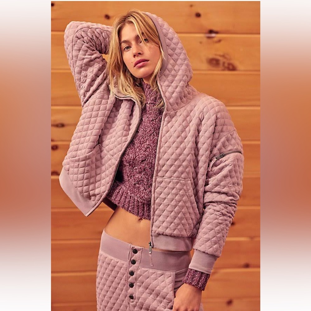 Free People Movement Hooded Full Zip Mauve Quilted Jacket Size M